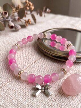 3/$20 New Handmade Pink Gradient Glass Beaded Stretch Bracelet Silver Bow Charm